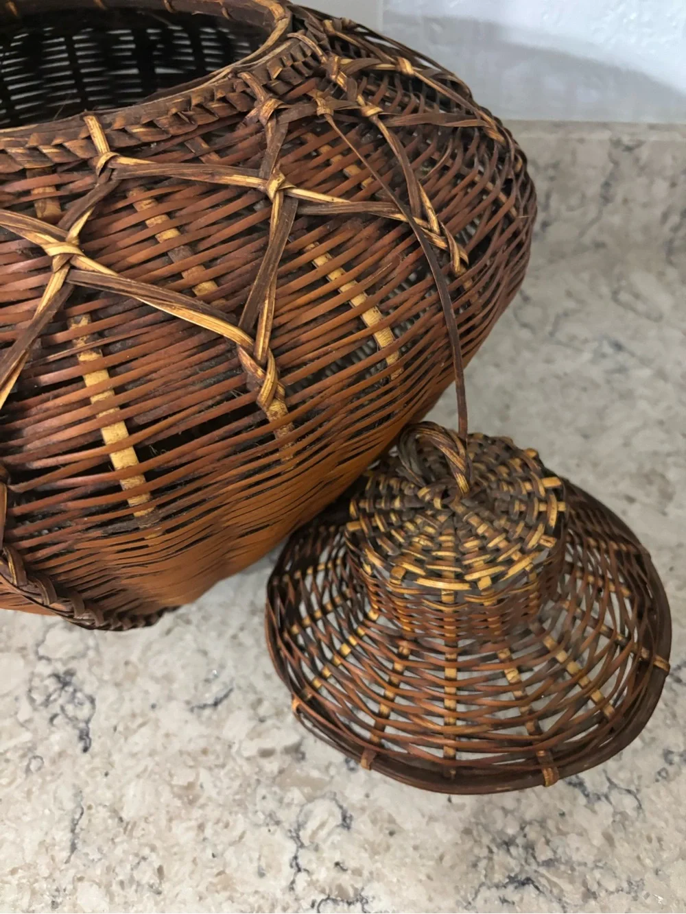 Vintage Asian Woven Rattan Basket with Square Base and Lid Home Decor